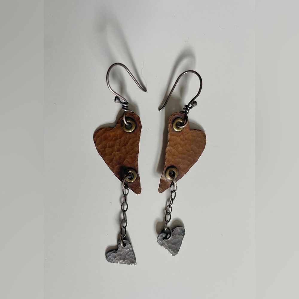 Handmade Rustic Hammered Copper & Mixed Metal Double Heart Love Earrings